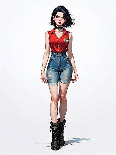 Casual Urban Woman in Red Denim Jumpsuit