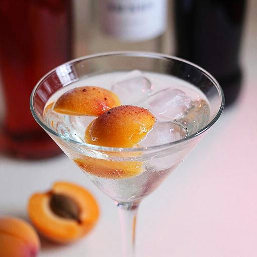 Photograph of a clear martini glass filled with ice and two orange apricot halves, with blurred background of bottles.