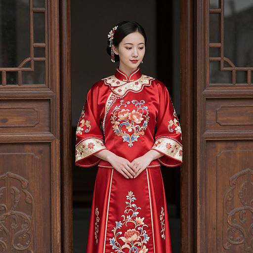 Elegant Woman in Red Chinese Wedding Gown