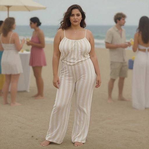 Photograph of a curvy, dark-haired woman in white, striped, high-waisted pants and spaghetti straps, standing barefoot on a beach