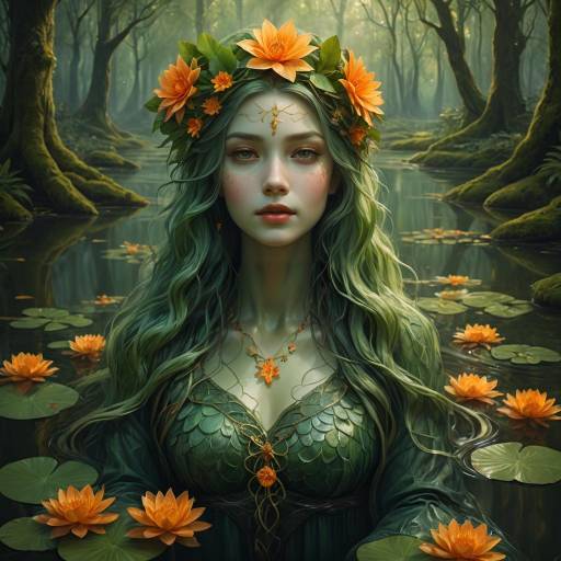 Fantasy Woman with Green Hair in Forest Pond