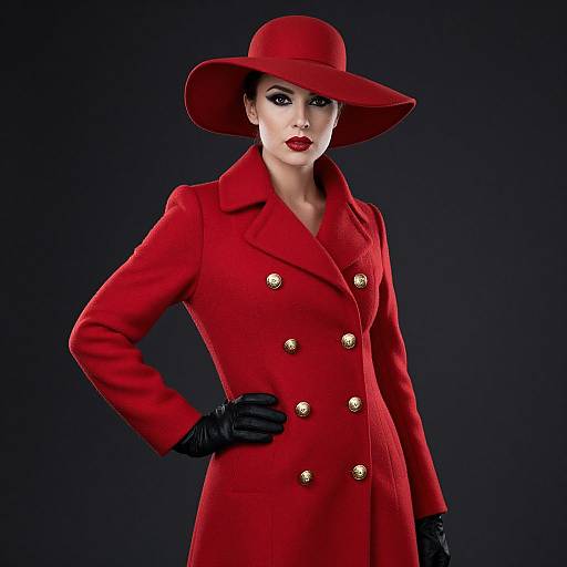 Photograph of a stylish woman in a vibrant red coat with gold buttons, black gloves, and a wide-brimmed red hat, posing confidently against