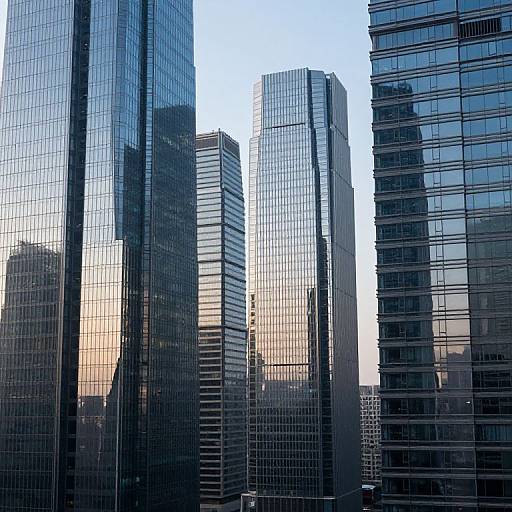 Photograph of modern skyscrapers with reflective blue-tinted glass windows, showing silhouettes of surrounding buildings and a subtle sunset sky.