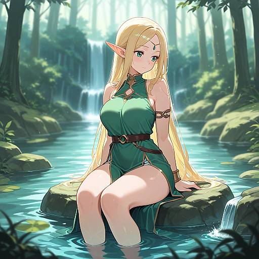 Serene Elf Girl by the Waterfall