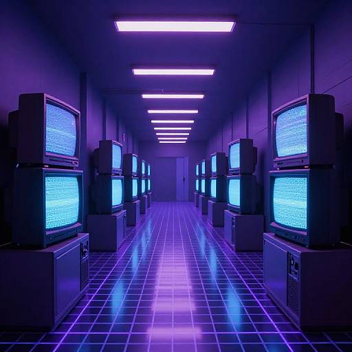 Neon-lit, futuristic room with rows of blue-glowing, vintage CRT TVs, tiled floor, and fluorescent ceiling lights. Retro cyberpunk aesthetic