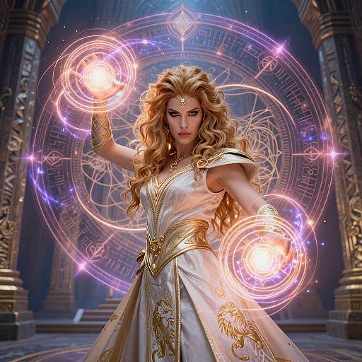Digital artwork of a blonde sorceress with wavy hair, golden armor, and white dress, casting glowing magical orbs in a mystical, ornate