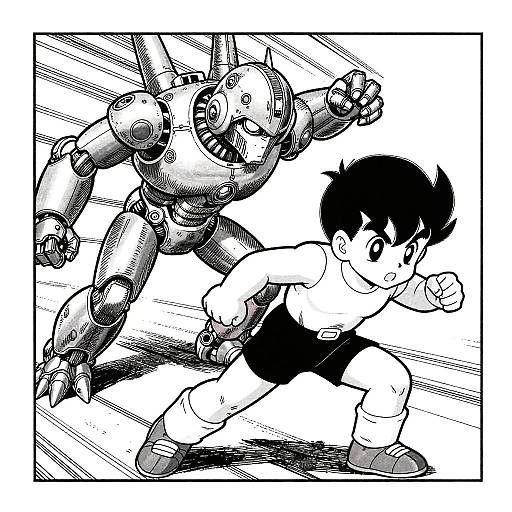 Black and white manga-style drawing of a young boy in a tank top and shorts, running and punching a robotic opponent. Dynamic action lines emphasize speed and