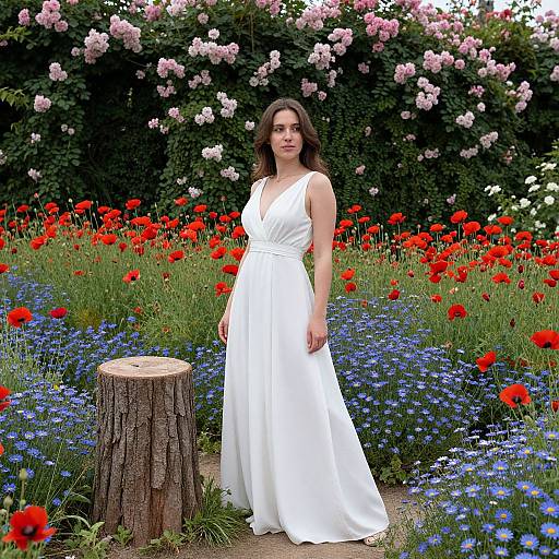 Photograph of a brunette woman in a white, sleeveless, V-neck dress standing in a vibrant garden with red poppies, blue flowers, and