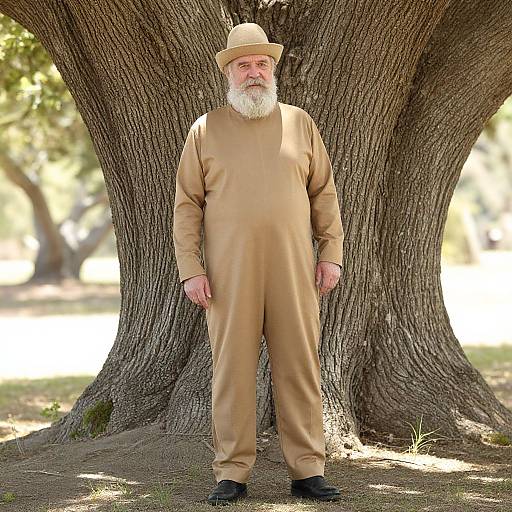 Photograph of an elderly white man with a white beard, wearing a beige jumpsuit and hat, standing against a large tree in a sunlit park