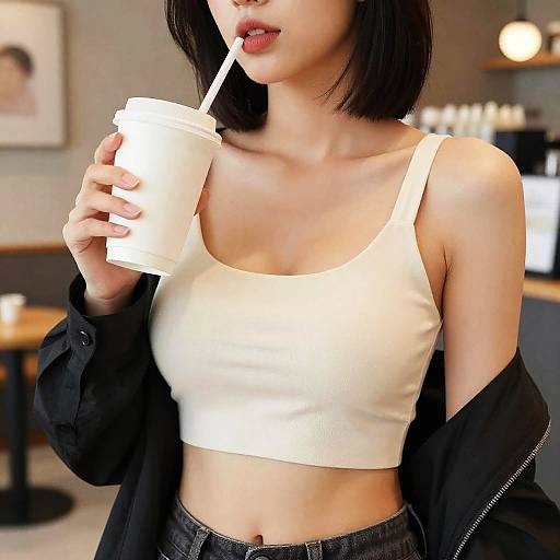 Cafe Moment: Short Hair, Cup, Cleavage