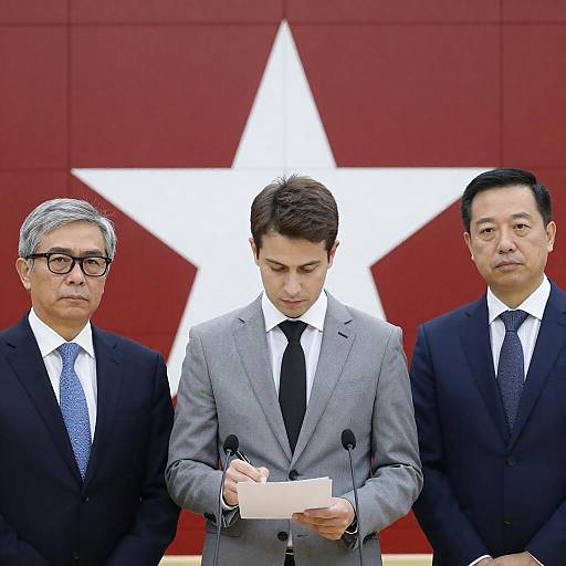 Three Men in Suits in Front of Red Star Wall
