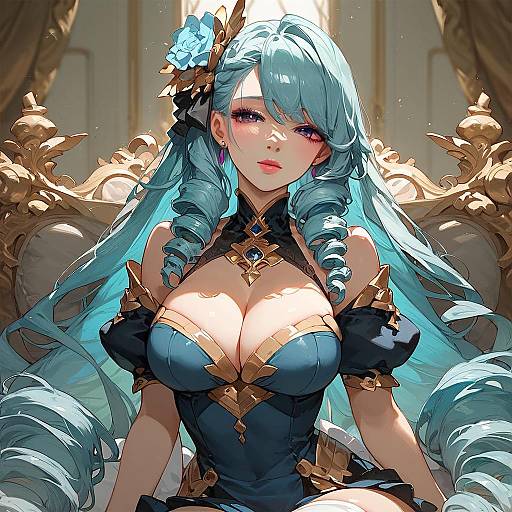 Digital anime-style drawing of a blue-haired, fair-skinned woman with large breasts, wearing an ornate, low-cut blue and gold dress, sitting