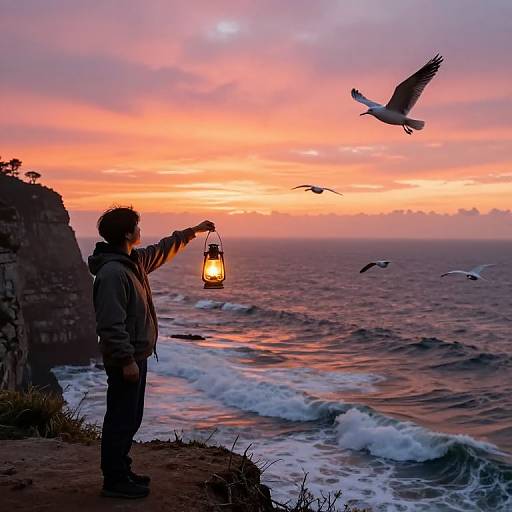 Photograph of a silhouette man with curly hair holding a lantern, standing on cliff at sunset, sea waves below, seagulls flying. Vibrant