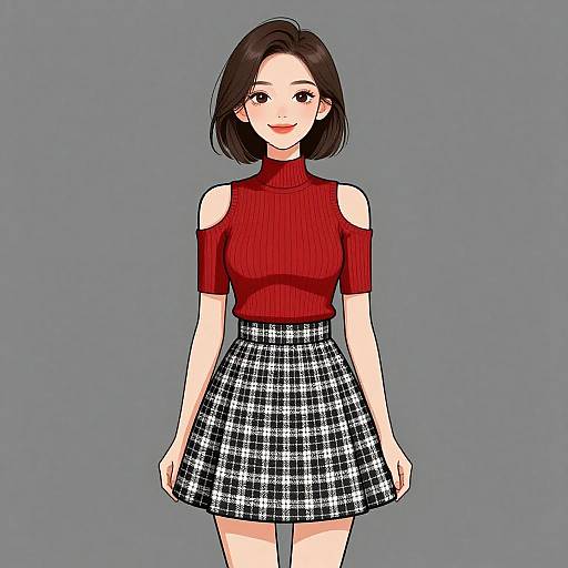 Digital anime-style drawing of an Asian woman with short black hair, wearing a red off-shoulder turtleneck and black-and-white plaid skirt