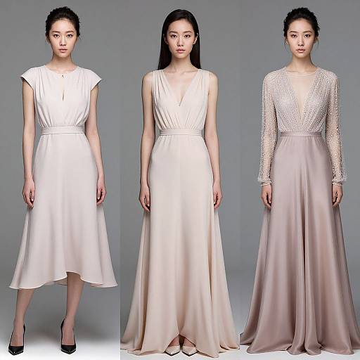 Photograph of an East Asian woman modeling three elegant, floor-length, satin dresses in white, blush, and sheer with intricate lace sleeves.