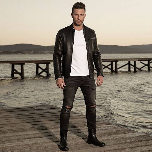 Photograph of a bearded man with short dark hair, wearing a black leather jacket, white t-shirt, ripped black jeans, and black boots,