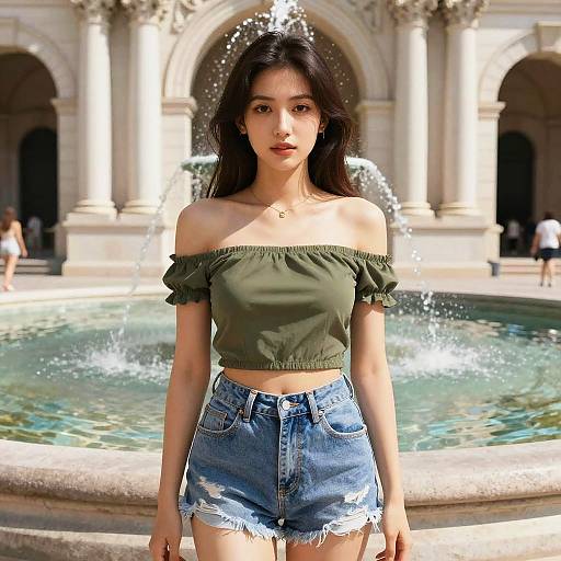 Asian woman with long black hair, green off-shoulder top, and blue denim shorts, stands in front of a splashing fountain in a sun