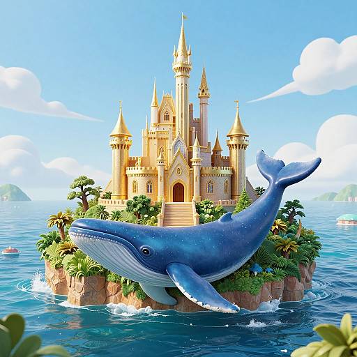 Digital illustration: A blue whale swims beside a colorful, fairy-tale castle on a lush island in a vibrant blue sea. Bright, sunny sky with