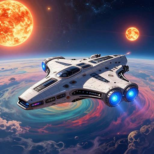 Digital illustration of a white sci-fi spaceship with blue lights, hovering above a swirling planet, surrounded by two vibrant red suns in a starry space