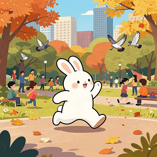 Digital illustration of a cute white cartoon bunny jogging in a vibrant autumn park with flying pigeons, colorful trees, and diverse people.