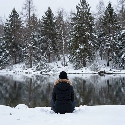 Woman Sitting by Winter Forest Lake
