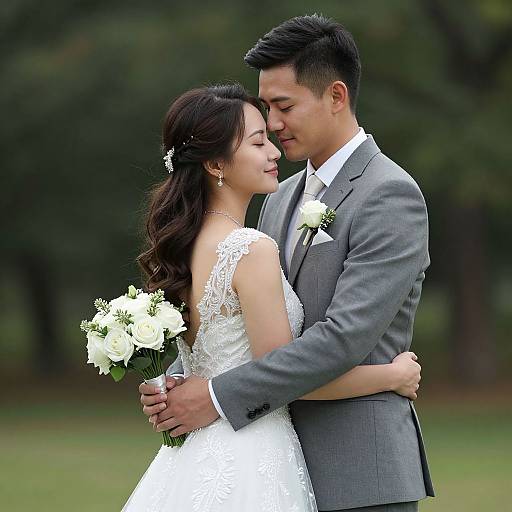 Wedding Couple Embrace with Bouquet