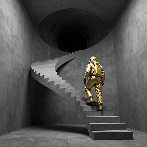 Photograph of a person in a shiny gold spacesuit ascending a spiral staircase in a dark, concrete tunnel, illuminated by overhead lighting.