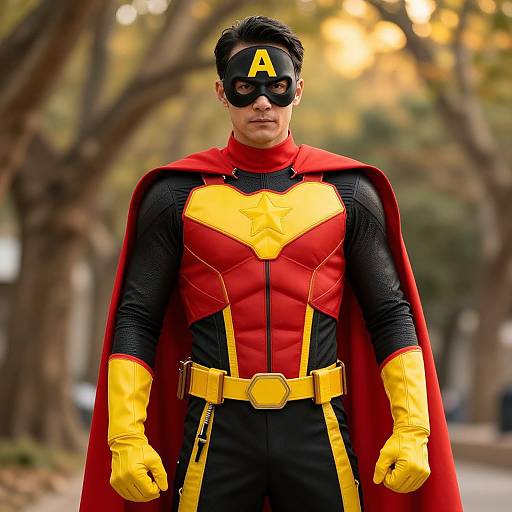 Photograph of a man in a detailed, colorful superhero costume with black, red, and yellow colors, yellow gloves, red cape, and black mask