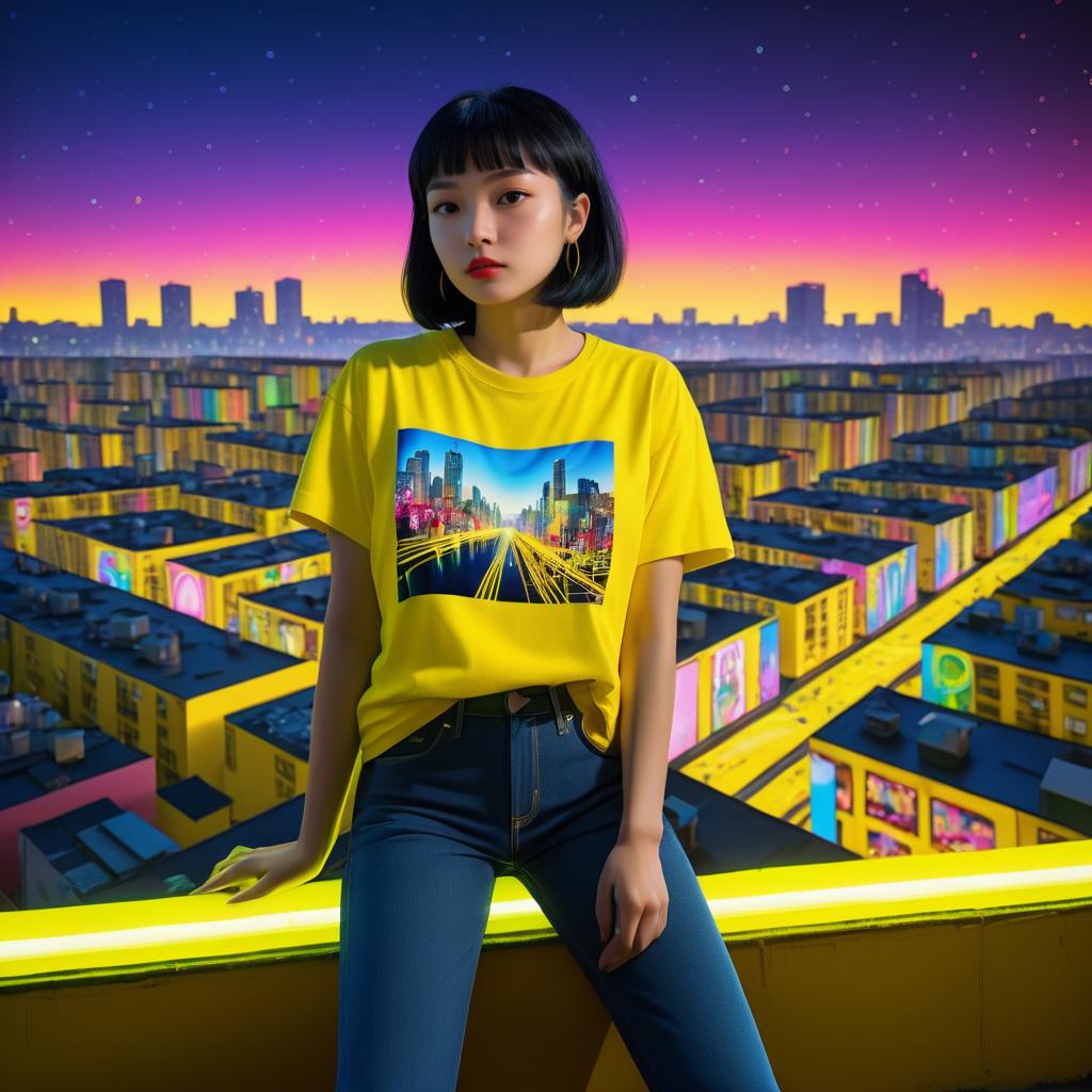 Vibrant Cityscape with Young Woman