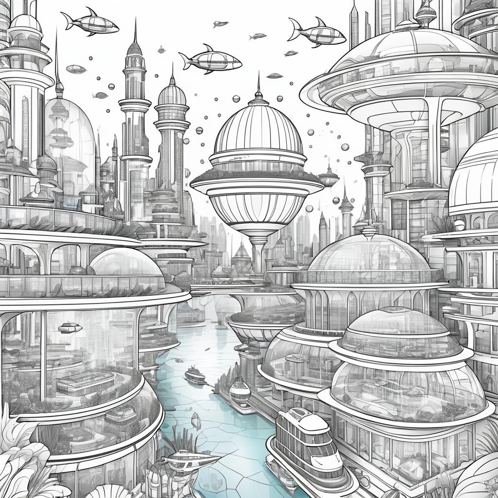 Futuristic Underwater City Coloring Page