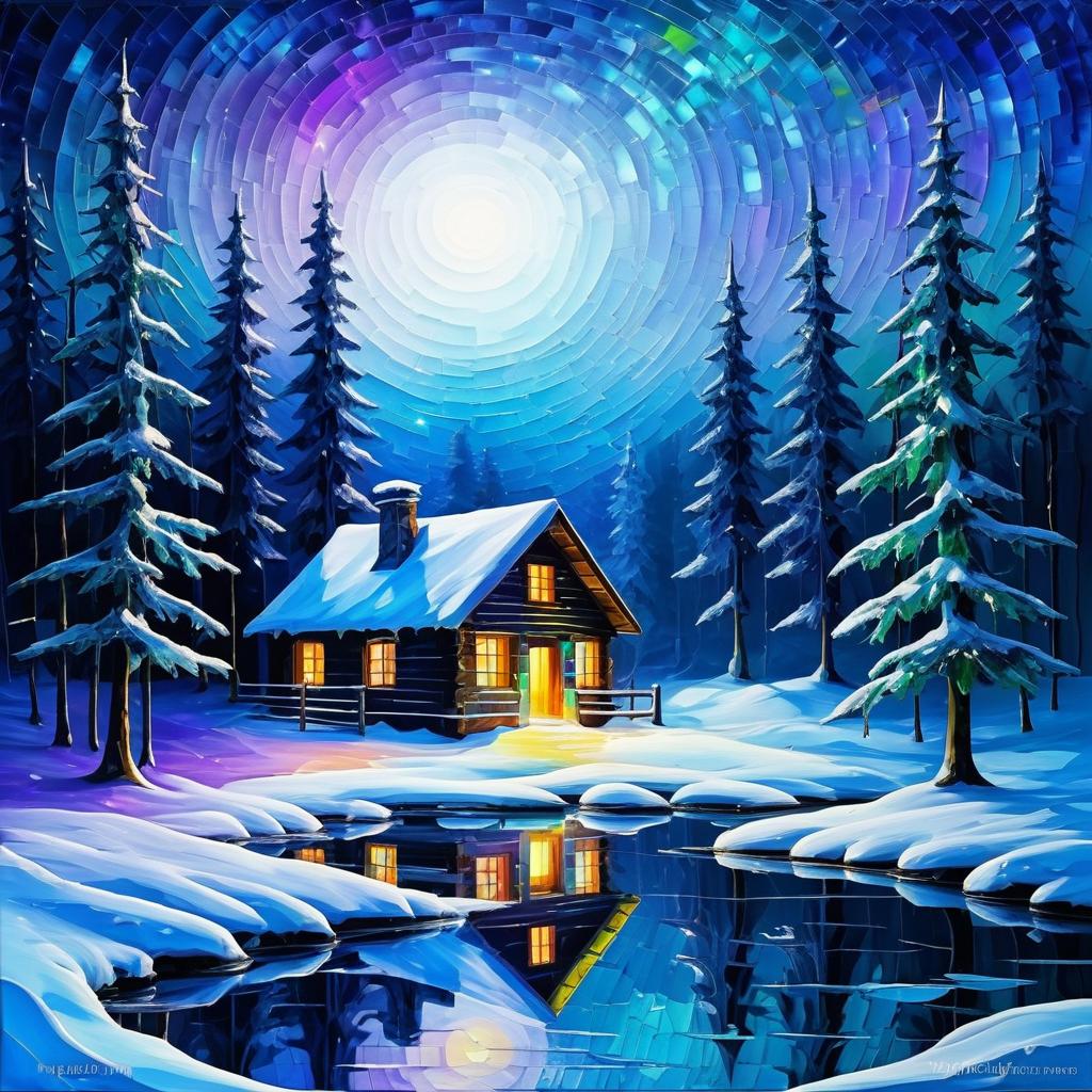 Mystical Winter Cabin Landscape at Night