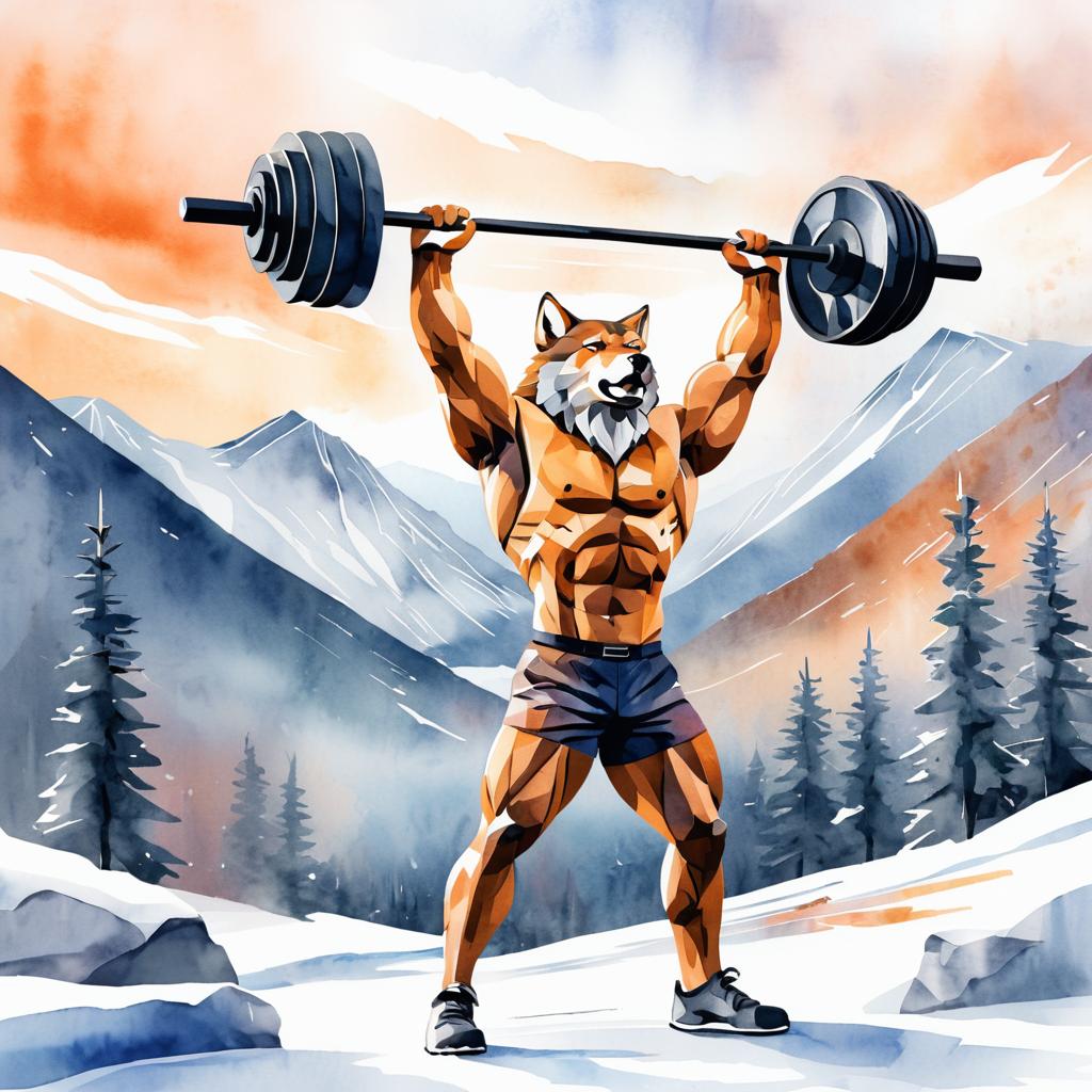 Muscular Wolf Lifts Barbell in Watercolor