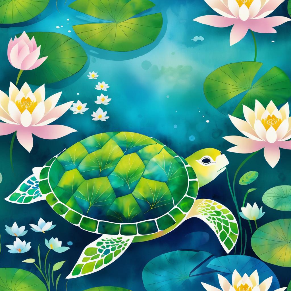 Chagall-Style Turtle in Blooming Lagoon