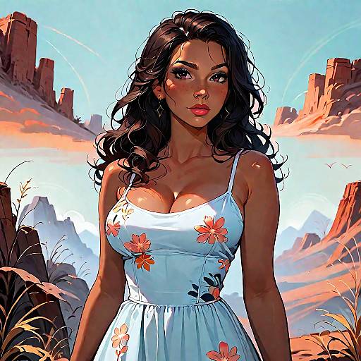 Woman in Floral Summer Dress at Desert Overlook