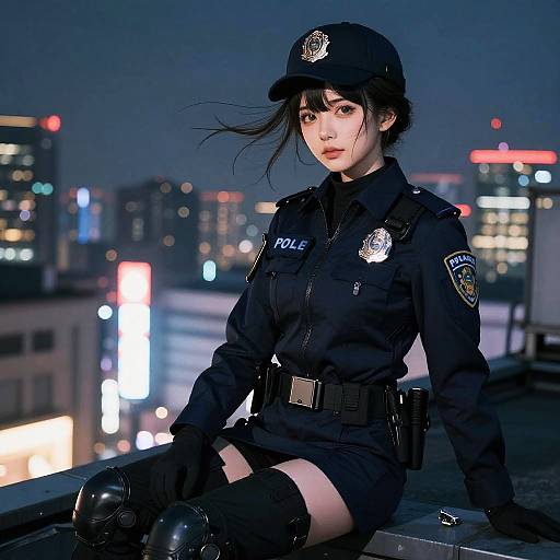 Anime Girl Police Officer on Rooftop at Night
