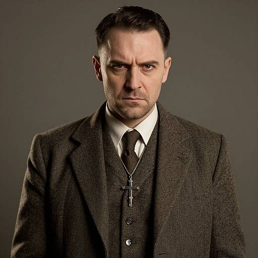 Photograph of a serious, dark-haired man in a dark brown three-piece suit with a silver cross necklace, gray background.
