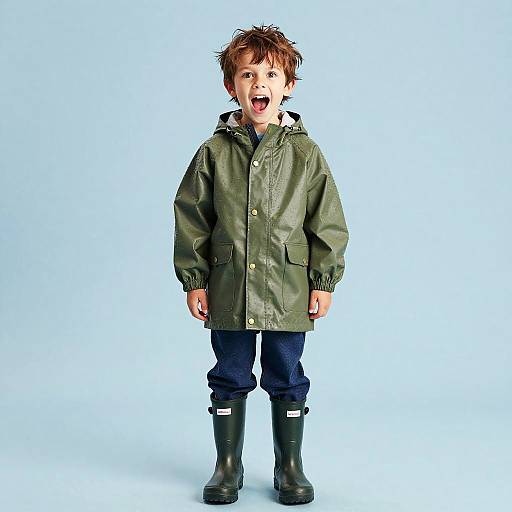 Photograph of a young boy with messy brown hair, smiling, wearing a green raincoat, dark pants, and black boots, against a plain light