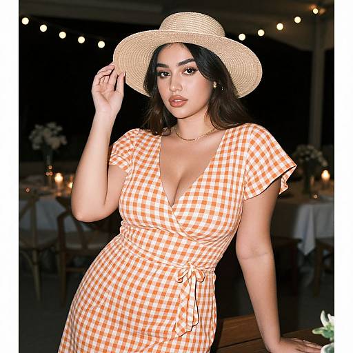 Photograph of an Asian woman with long black hair, wearing a straw hat, orange and white checkered dress, and gold necklace, standing in a