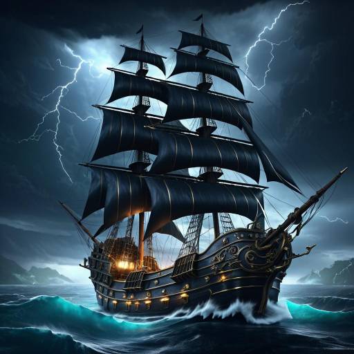 Pirate Ship in Stormy Ocean with Lightning