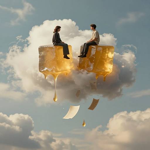 Surreal photograph: Two men in suits, sitting on golden clouds, with melting edges, amidst floating papers against a bright blue sky.