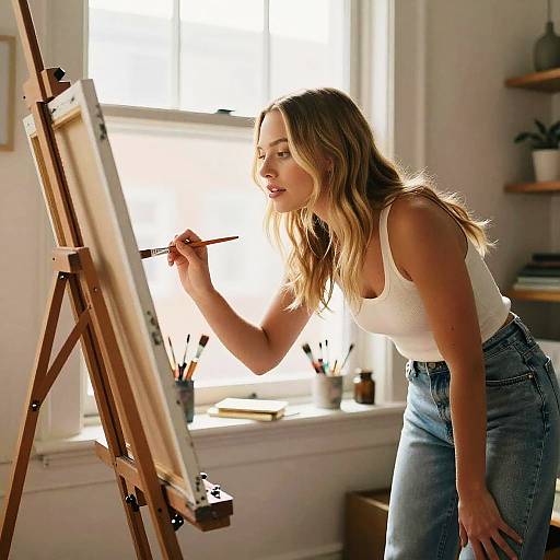 Photograph of a blonde woman in a white tank top and blue jeans painting on an easel in a sunlit studio.