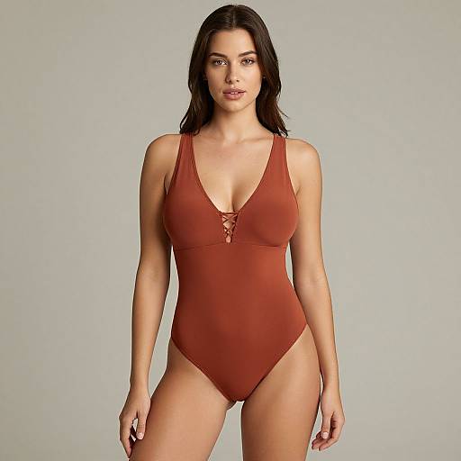 Photograph of a young woman with olive skin, dark brown hair, and brown eyes, wearing a red, deep V-neck swimsuit, standing against