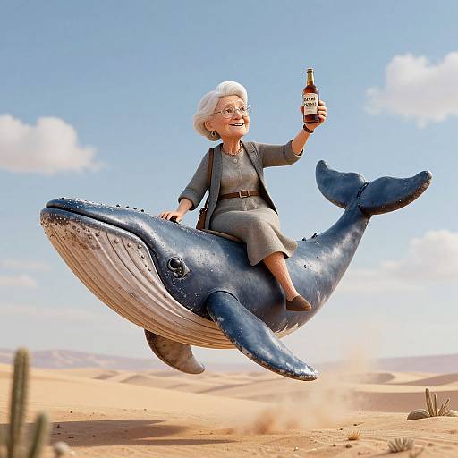 Digital illustration: elderly woman with white hair, smiling, wearing gray dress, riding blue inflatable whale, holding wine bottle, desert background.