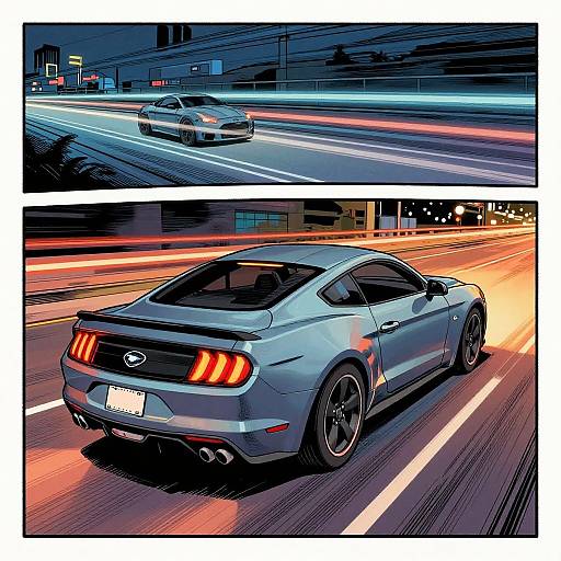 Comic-style digital illustration of a silver Ford Mustang speeding on a city highway at night, with vibrant light trails and dynamic colors. Top panel shows front view