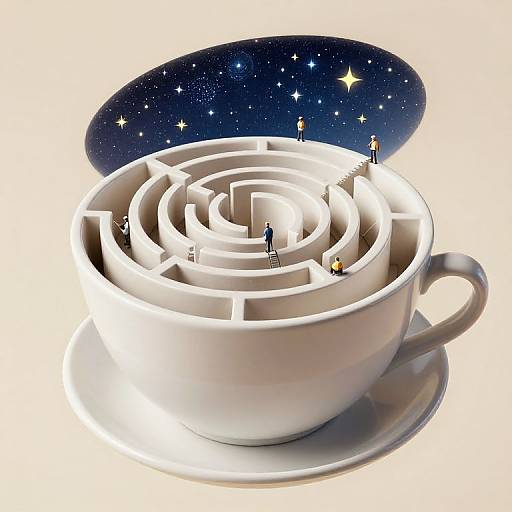 Digital art: A white teacup maze with four tiny, illuminated figures navigating through, set against a starry night sky background.