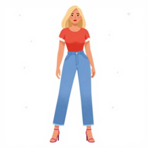 Digital illustration of a blonde woman with red shirt, blue high-waisted pants, and pink sandals, standing against a white background.