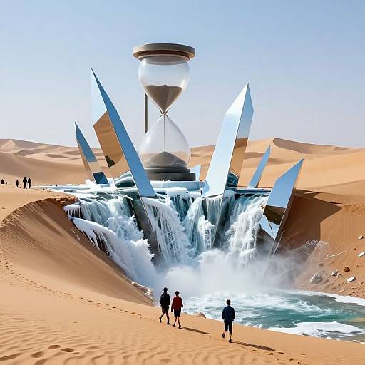 Digital art of futuristic sand dunes with a large hourglass-shaped structure, waterfalls, and blue-winged aircraft, three people walking.