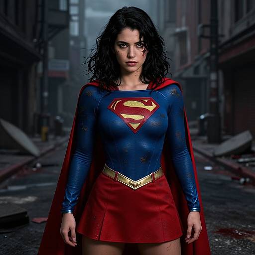 Photorealistic CGI of a dark-haired, curvy woman in a blue Supergirl suit with red skirt and cape, standing in a gritty,