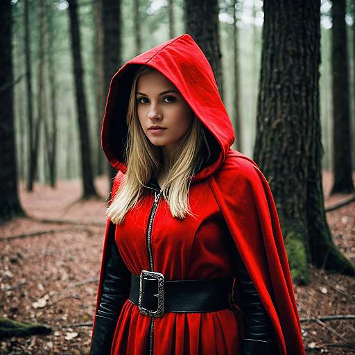 Woman in Red Hooded Cloak in Forest