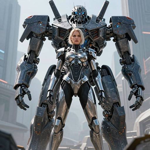 Photorealistic CGI of a blonde woman in sleek black robotic armor standing confidently in front of a towering, dark grey mecha robot in a futuristic city